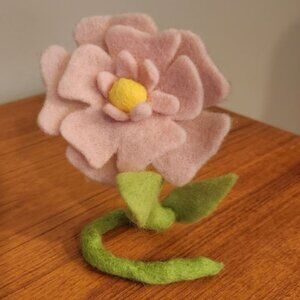 Felted Wool Flower Sculpture Wired Stem 19"H FIBER ART PINK/GREEN 15" X 5"